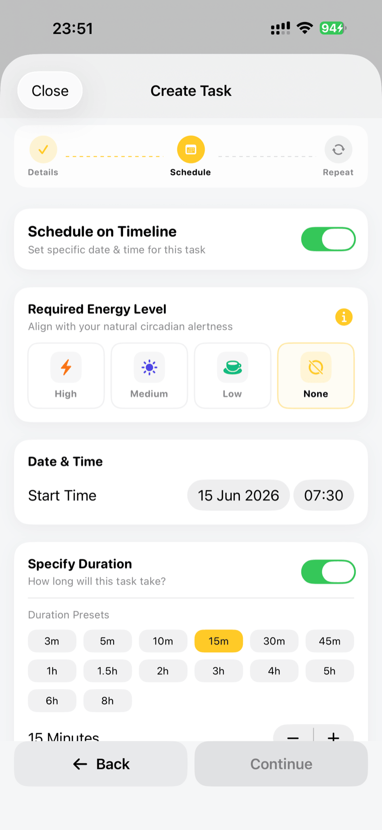 Create task — schedule