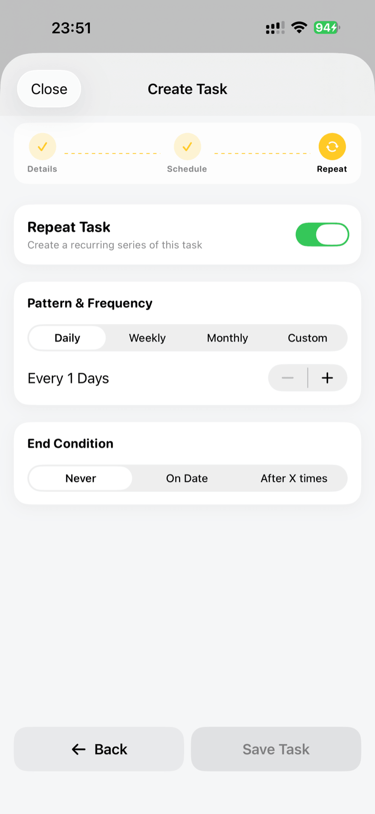 Create task — repeat